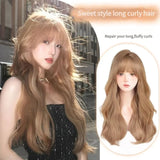 OKLULU  -  Long water Wave Wig Cold brown with Bangs Cosplay Silky Wig for Women Daily Party Natural Soft Synthetic Hair Heat Resistant 여장