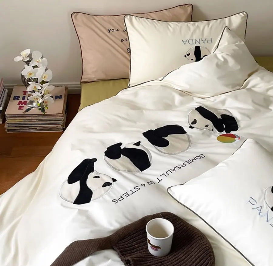 OKLULU  -  Fashion cute embroidery panda bedding set single double,twin full queen cotton home textile bed sheet pillow case quilt cover