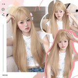 OKLULU  -  Long Silky Straight Synthetic wig with bangs White gold color Cosplay Party Lolita Wigs for Women Natural Heat Resistant Wig