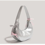 OKLULU  -  Hot Girls Silver Y2k Underarm Bag Purse Women Versatile Leather Bow Half Moon Bags Ladies Fairy Core Handbag Aesthetic