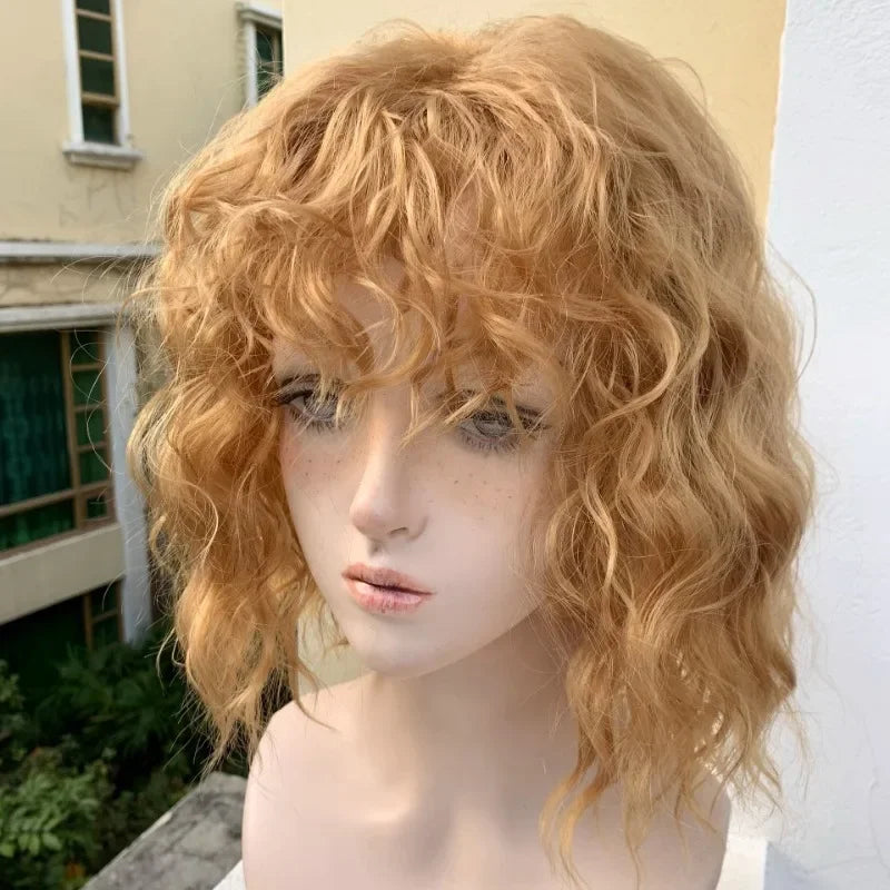 OKLULU  -  Curly wigs With Air Bangs Women's Short Bob Golden brown Curly Shoulder Length Bob Synthetic Cosplay Wig for women daily party