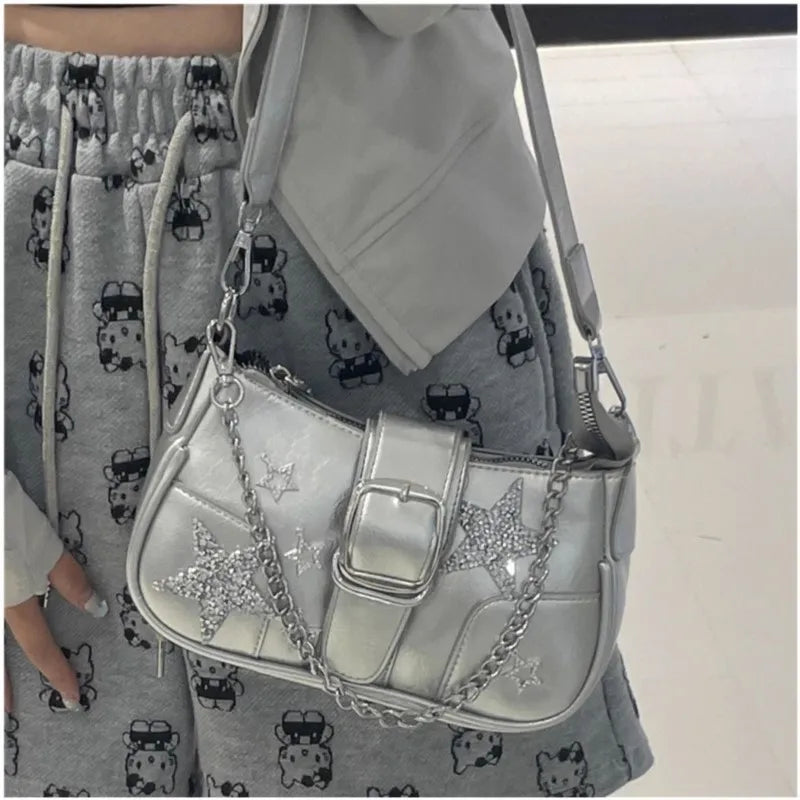 OKLULU  -  Harajuku Silver Underarm Bag Women Hot Girls Star Chain Leather Y2k Shoulder Bags Ladies Sweet Cool Handbag Aesthetic