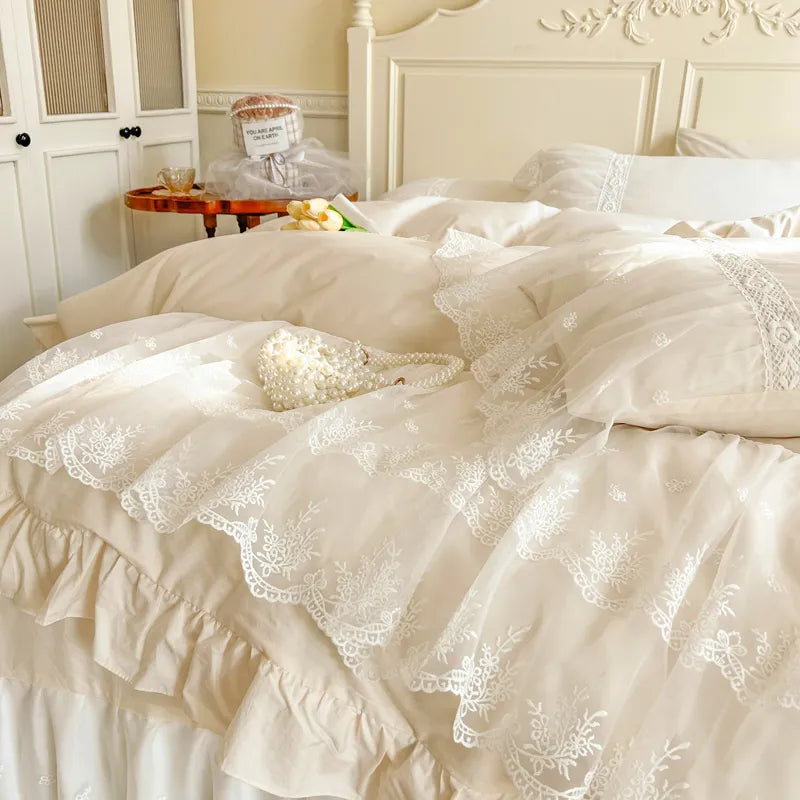 100% Cotton Romantic French Princess Wedding Bedding Set Lace Ruffles Duvet Cover Lace Bed Sheet Bed Skirt Bedspread Pillowcases