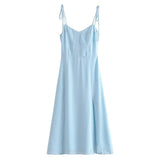 Oklulu   Women French Style Light Blue Front Slit Sling Dresses Sexy Sleeveless High Waist Female Holiday Summer Chiffon Dress