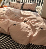 OKLULU  -  Sweet Cool Bow Plaid Bedding Set Teen,full Queen King Cute Pink Double Cotton Home Textile Bed Sheet Pillow Case Quilt Cover