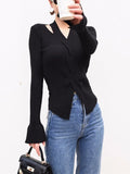 Oklulu Women's Blouse Chic Hollow out Sexy knitted Pullovers for Autumn Female Korean Clothing Solid Full Sleeve Bottoming Shirt