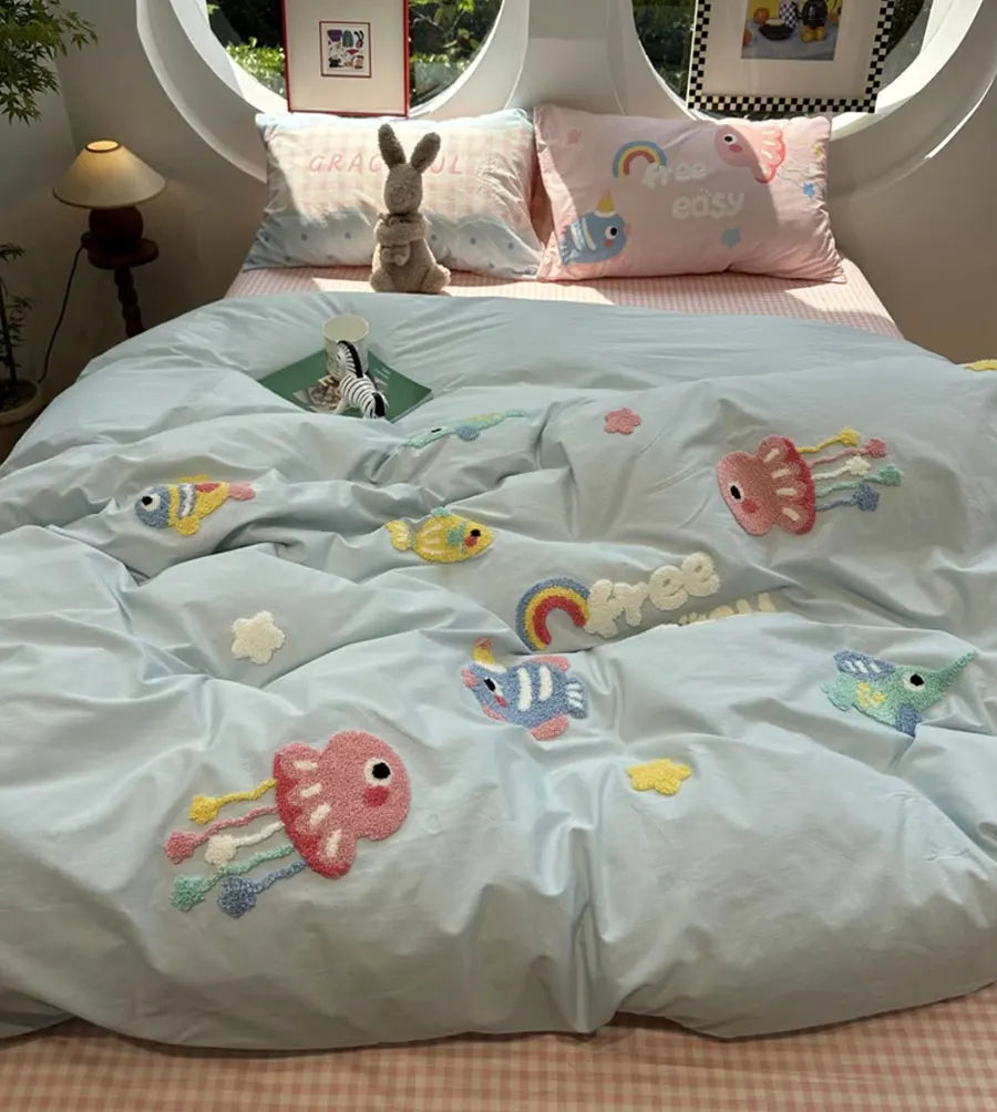 OKLULU  -  Cute Cartoon Embroidery Jellyfish Fish Beding Set Kid Teen,twin Full Queen Cotton Home Textile Bed Sheet Pillow Case Quilt Cover