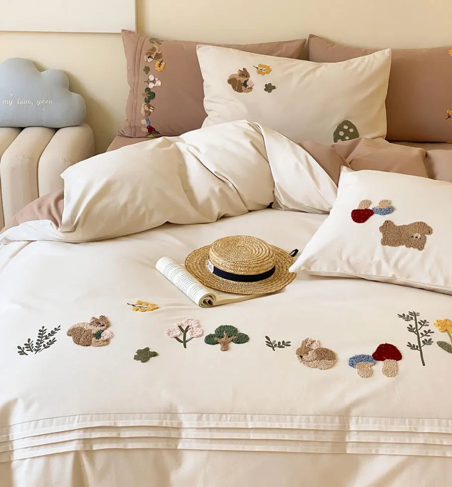 OKLULU  -  Cute cartoon embroidery squirrel rabbit bear bedding set,full queen king cotton home textile bed sheet pillow case duvet cover