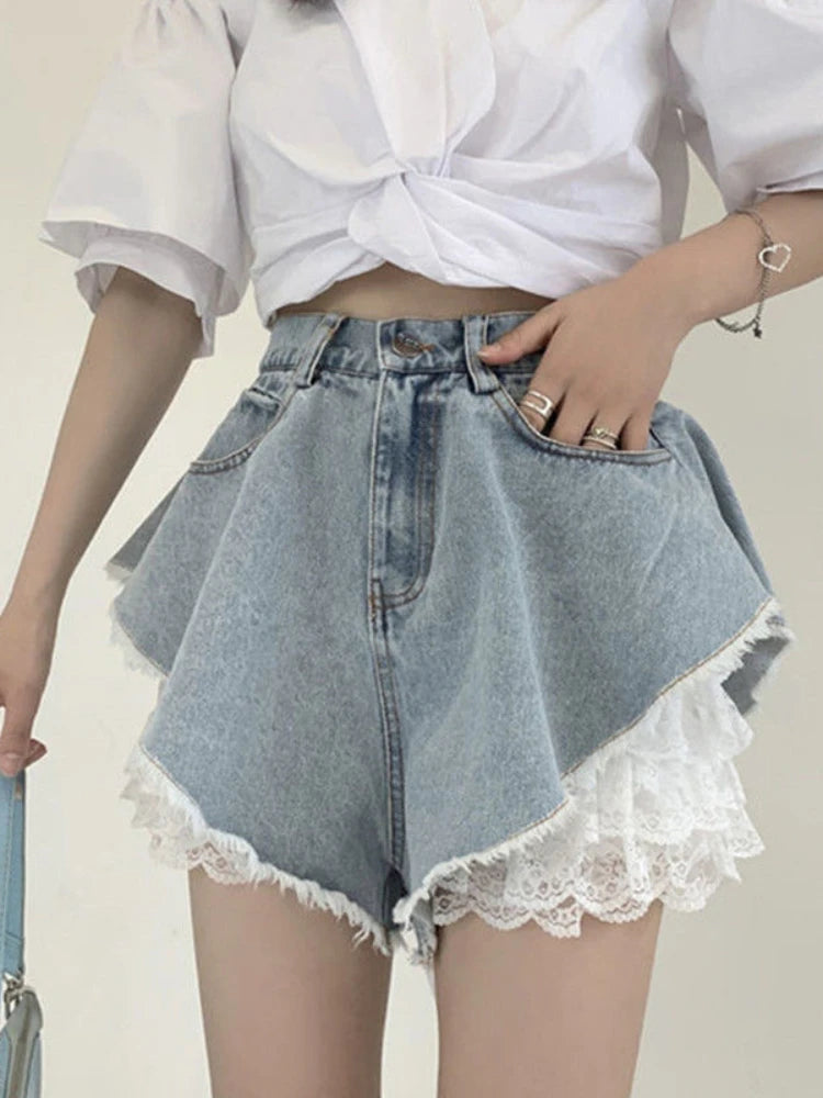 OKLULU  -  Blue Lace Denim Shorts Women Y2k Fashion Loose High Waist Korean Style Causal A-line Jeans Streetwear Retro Summer Pants