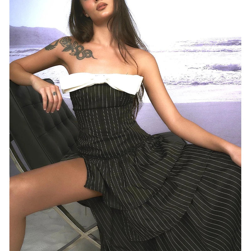 Oklulu  -  Sexy Black Dress Y2K Off Shoulder Bow Striped Evening Dress Party Club Spring Sleeveless Slim Fit Elegant Women's Dress