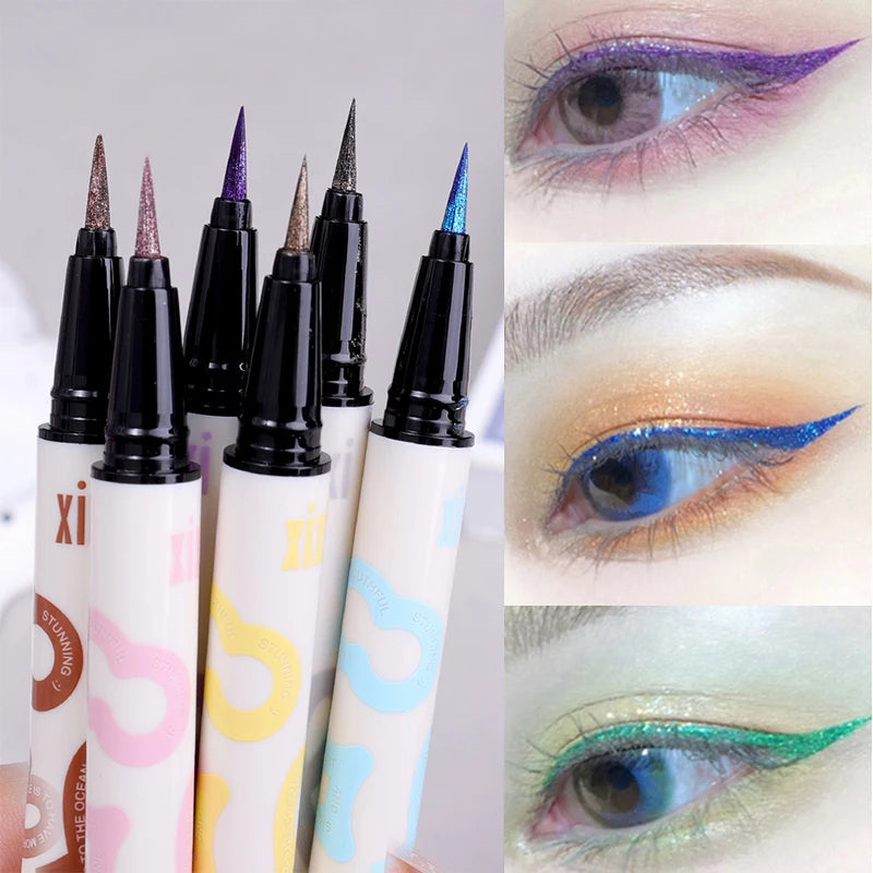 Oklulu 6 Colors Thin Pearlescent Eyeliner Liquid  Pencil 3 in 1 Shiny Silkworm Eye Shadow Stick Lasting Smooth Glitter Eyeliner Makeup