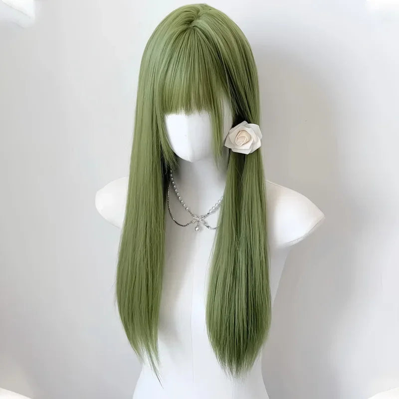 OKLULU  -  Long Silky Straight Synthetic wigs green Cosplay Party Lolita Wig with bangs for Daily party Women Natural Heat Resistant wig