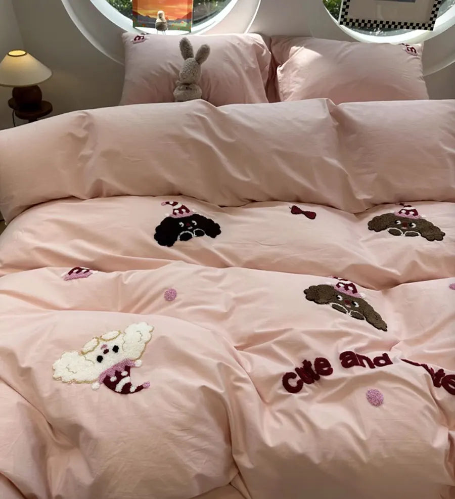 OKLULU  -  Cute Embroidery Dog Bedding Set 1.2 1.5 1.8 2.0,twin Full Queen King Puppy Cotton Home Textile Bed Sheet Pillow Case Quilt Cover