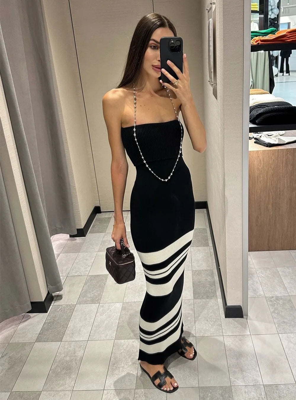 OKLULU  -  2024 Autumn Women Elegant Strip Backless Loose Knitted Dresses Female Off Shoulder Strapless Pachwork Slim Dress Lady Partywear