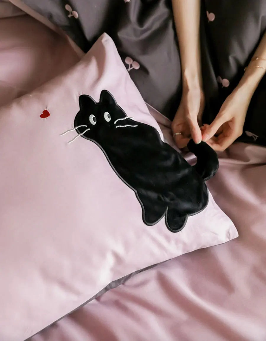 OKLULU  -  Fashion cute sweet pink cat cherry bed set 1.2 1.5 1.8,twin full queen 60s cotton home textile bed sheet pillow case duvet cover