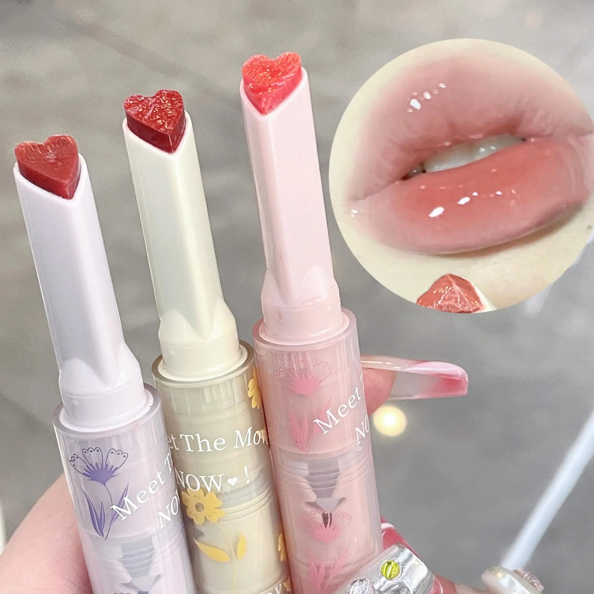 OKLULU  -  Water-light Lip Glaze Mirror Glitter Lip Tint Long Lasting Moisturising Love Heart Shape Solid Lipstick Pen Lips Makeup Cosmetic