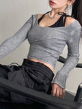 Oklulu Grey Patchwork Halter T Shirts Women Y2K Sexy Full Sleeve Basic Cropped Shirts Female Korean Stylish Harajuku Slim Ladies Tops