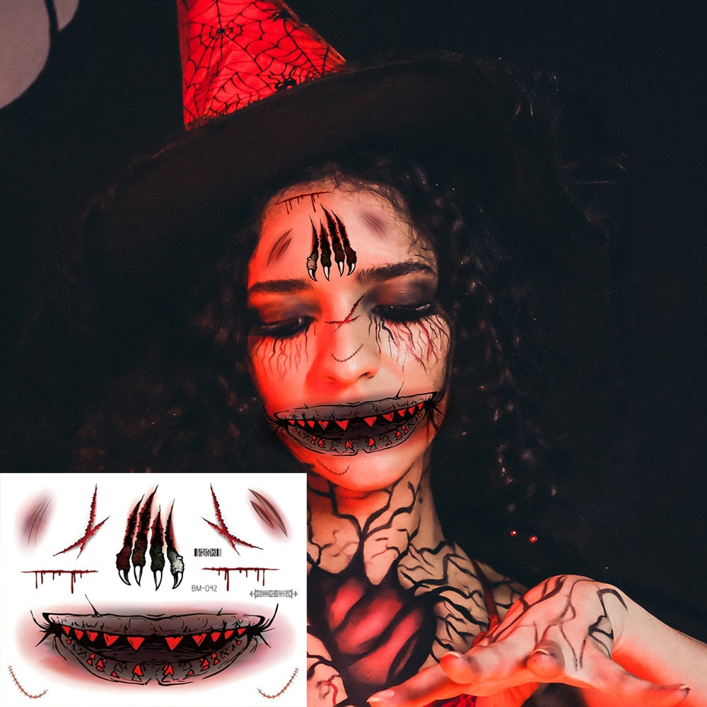 Halloween Face Makeup for Women Men Big Mouth Temporary Tattoo Stickers Disposable Funny Fake Tattoo Waterproof for Saints' Day