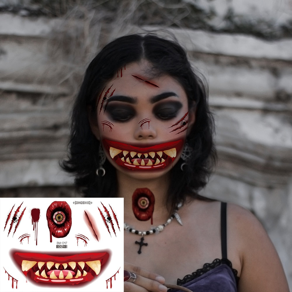 Halloween Face Makeup for Women Men Big Mouth Temporary Tattoo Stickers Disposable Funny Fake Tattoo Waterproof for Saints' Day