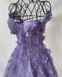 Oklulu  Princess 3D Flower  Sweet A-line Tulle Evening Dress Purple Prom Dress Handmade Robe