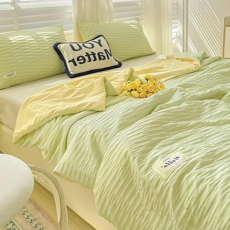 Oklulu New Korean Seersucker Washed Cotton Color Bed Sheet Summer Quilt Four-piece Double Bed Cooling Blanket