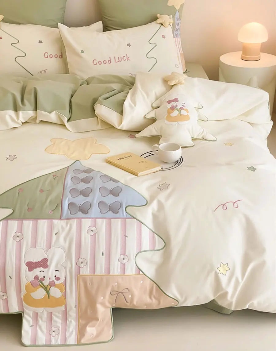 OKLULU  -  Fashion cute embroidery rabbit green bedding set double,full queen king cotton home textile bed sheet pillow case quilt cover