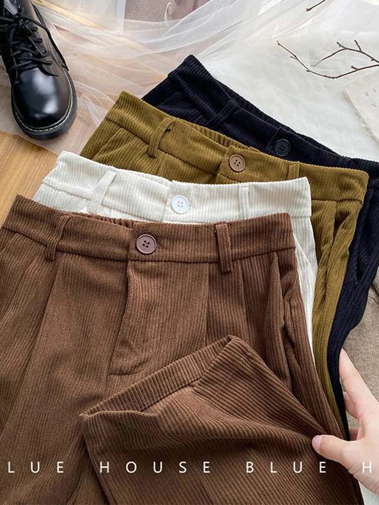 Oklulu High Waist Women Retro Corduroy Pants Fall Straight Causal Full Length Trousers Vintage Coffee Pockets All Match Pants New