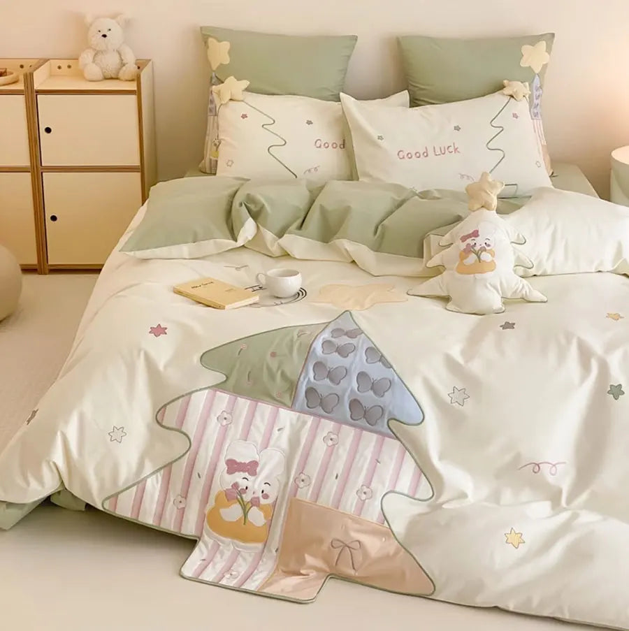 OKLULU  -  Fashion cute embroidery rabbit green bedding set double,full queen king cotton home textile bed sheet pillow case quilt cover