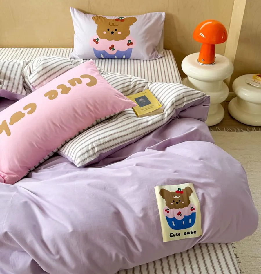 OKLULU  -  Fashion cute cartoon yellow purple dog bed set 1.2 1.5 1.8,twin full queen cotton home textile bed sheet pillow case quilt cover