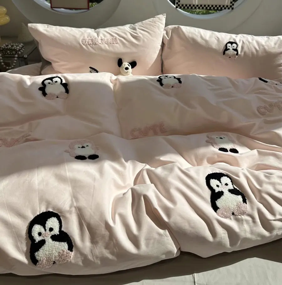 OKLULU  -  Fashion towel embroidery penguin bedding set,full queen king kawaii sand cotton home textile bed sheet pillow case quilt cover