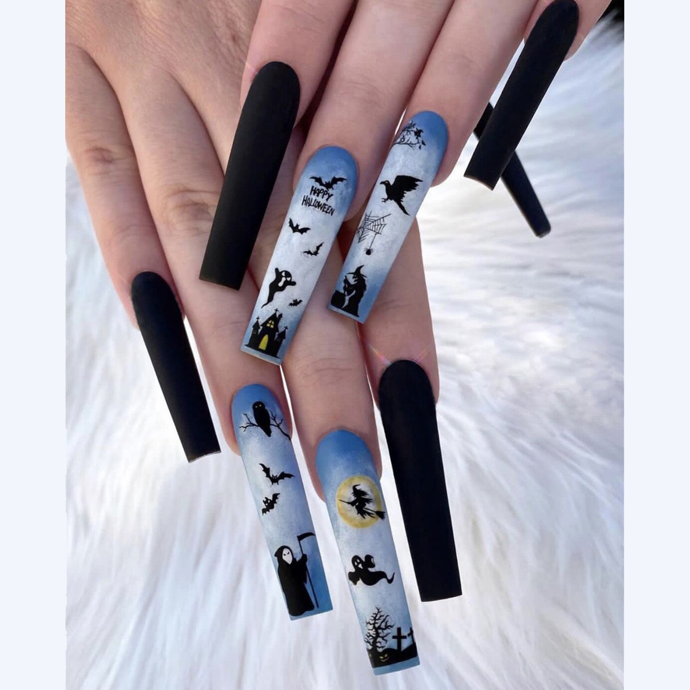 24Pcs Halloween False Nails Wearable French Long Fake Nails Coffin Ballet Press on Nail Black Pumpkin Patch Design Manicure Tips