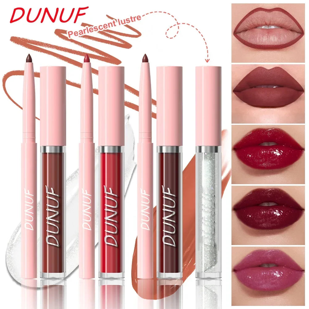 OKLULU  -  3Pc Velvet Matte Lipstick Pen Nude Brown Lip Liner Pencil Kit Rose Red Matte Lipliner+Lip Gloss+Lip Oil Set Waterproof Lips Tint