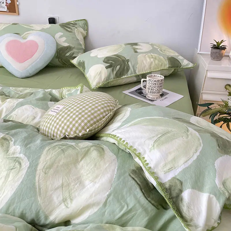 Oklulu Student Dormitory Three-piece Ins Oil Painting Wind Tulip Quilt Set Double Yarn Four-piece Set 1.8 Washed Cotton Bed Girl