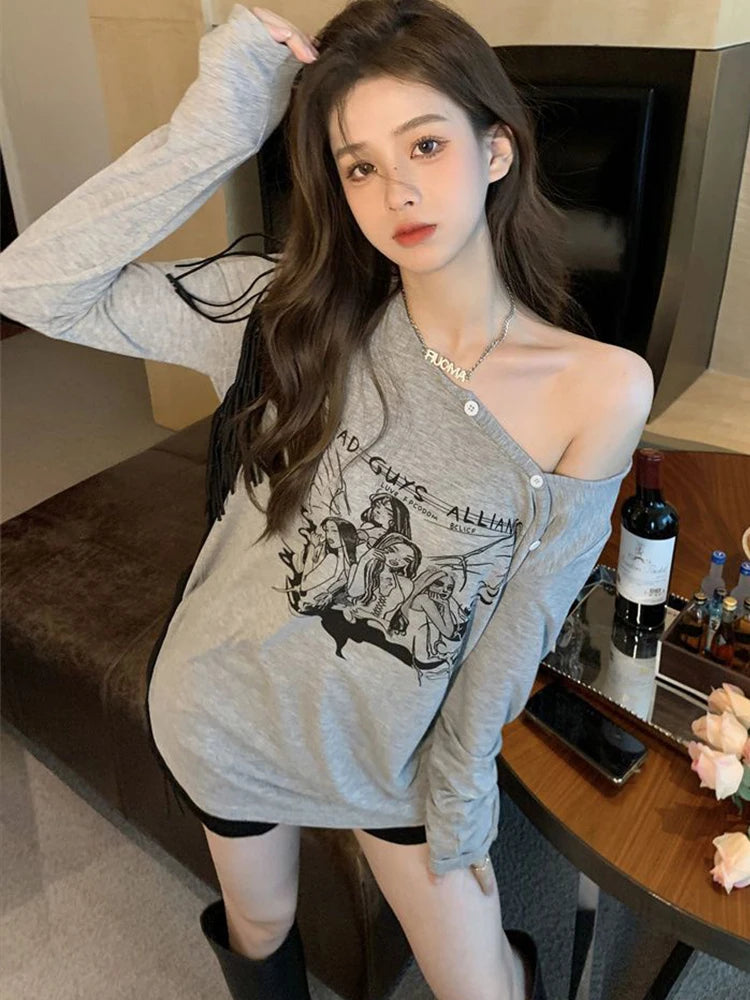 Oklulu Grunge T-shirt Women Sexy Off Shoulder Tops Ladies Graffiti Letter Print Tee Female Y2k Aesthetic Long Sleeve Tees Streetwear