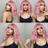 OKLULU  -  Short Pink Curly Wavy Synthetic Natural Hair wigs for Women Bob Straight Wig with Bangs High Temperature Daily Cosplay Party Wig