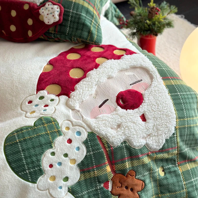 OKLULU  -  3/4Pcs Cute Santa Claus Embroidery Winter Warm Milk Velvet Bedding Set Single Duvet Cover Bed Sheet Pillowcases Christmas Gifts