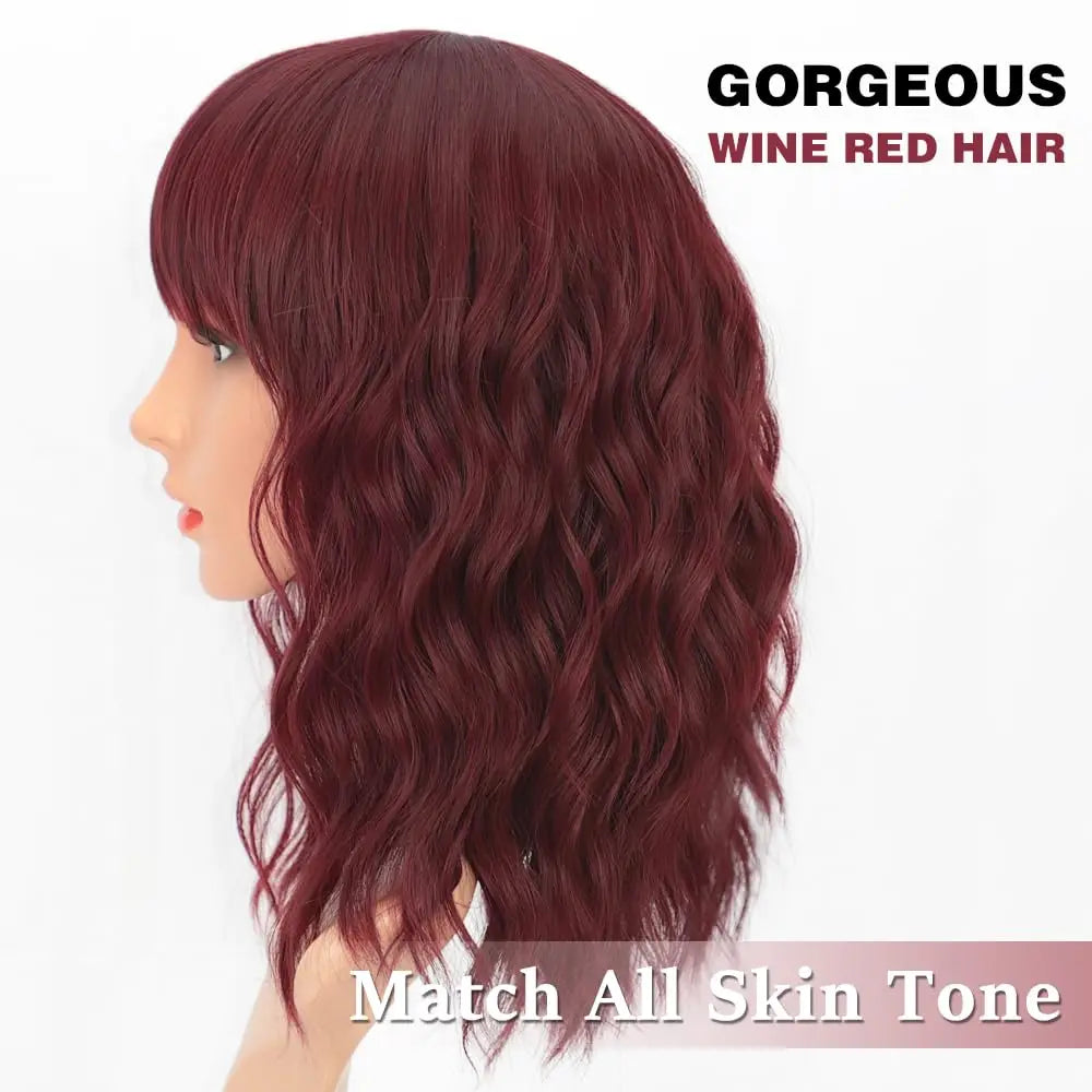 OKLULU  -  Curly Bob Wig with Natural Hair Short Wavy Wine Red Color Wigs for Women Bob Style Synthetic Heat Resistant Bob Wigs