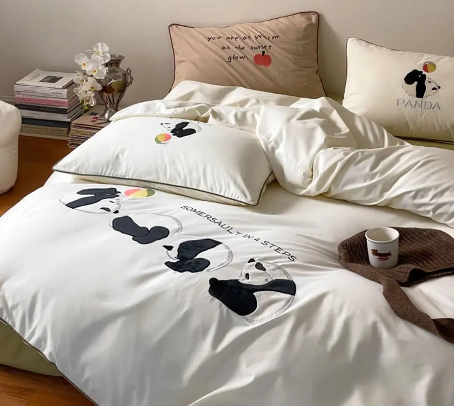 OKLULU  -  Fashion cute embroidery panda bedding set single double,twin full queen cotton home textile bed sheet pillow case quilt cover