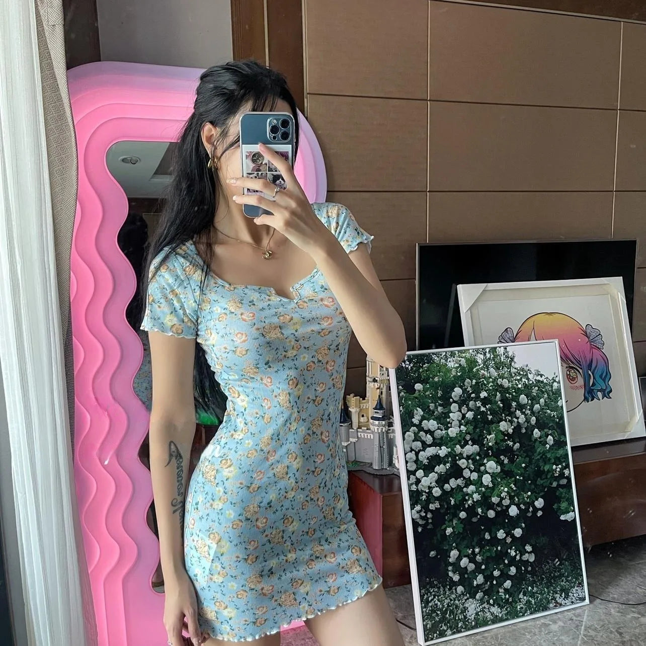 OKLULU  -  Floral Pastoral T-shirt Dress For Women 2024 Summer New Slim High Elastic Fashion Elegant Party Dress Retro Sweet Short Dresses.