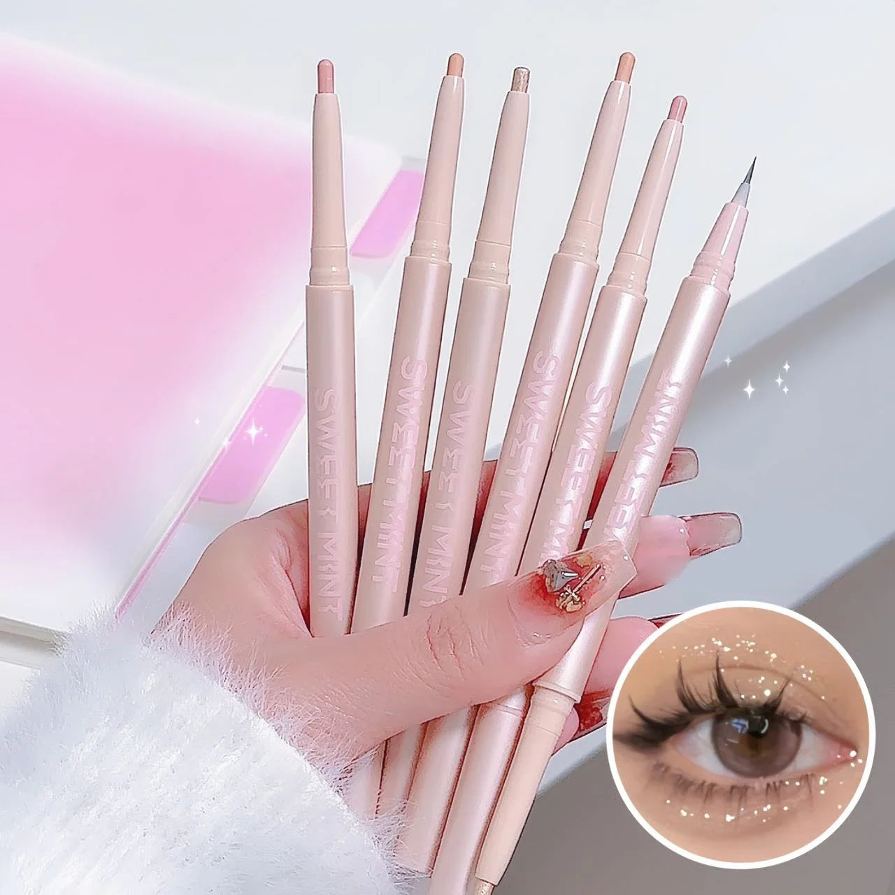 OKLULU  -  Double-end Matte Glitter Eyeliner Lying Silkworm Pen 2-in-1 Quick Dry Eye Liner Pencil Pink Highlighter Stick Makeup Cosmetics