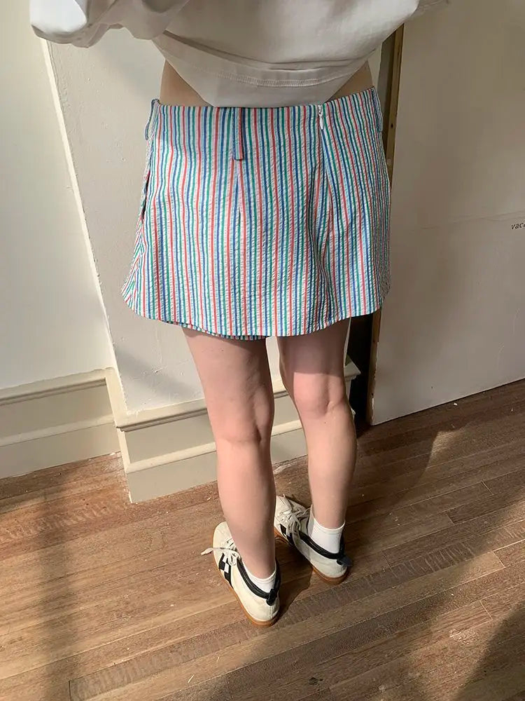 OKLULU  -  Summer Stripe Shorts Women Y2k Causal Baggy Low Waist Korean Straight Half Pants Streetwear Fashion Female Short Skirts