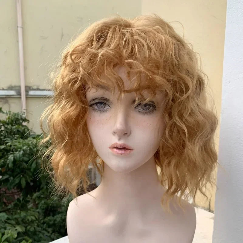 OKLULU  -  Curly wigs With Air Bangs Women's Short Bob Golden brown Curly Shoulder Length Bob Synthetic Cosplay Wig for women daily party