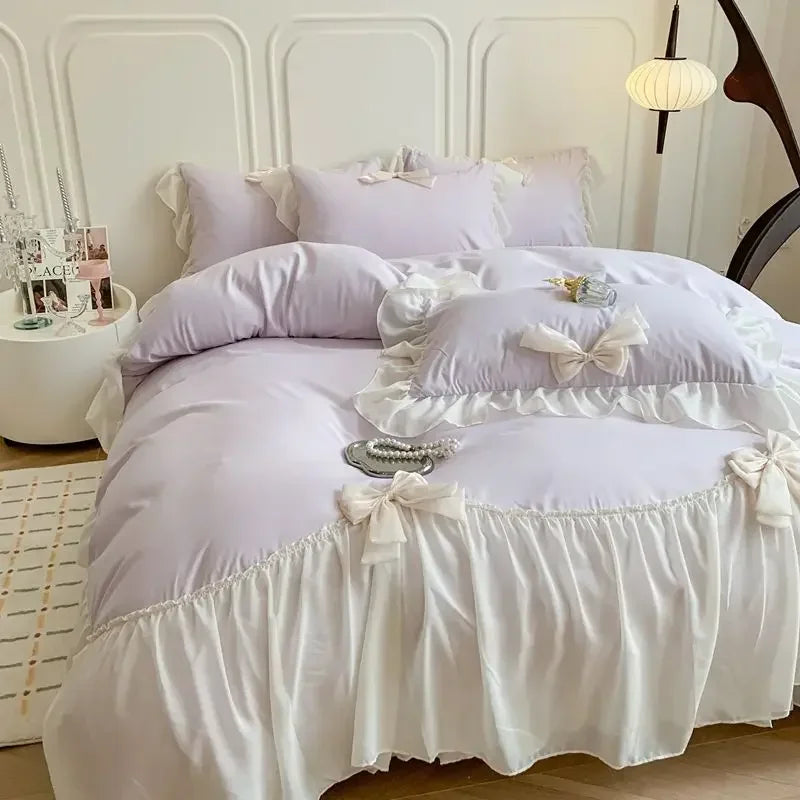 OKLULU  -  Cute French Princess Style Bedding Sets Ruffle Lace Bow Quilt Cover Romantic Bedclothes Decor Woman Girls Bedroom