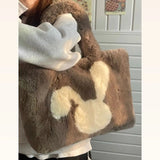 OKLULU  -   Large Capacity Brown Shoulder Bags Women Harajuku Rabbit Pattern Plush Tote Bag Ladies Vintage Casual Handbags Aesthetic