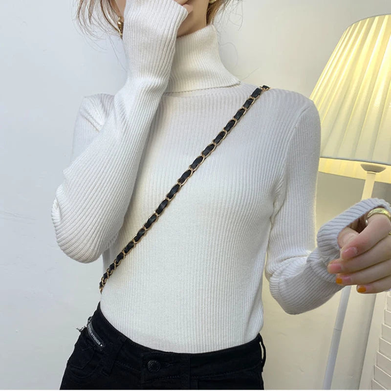 Oklulu Harajuku Pullover Turtleneck Sweater Women Fall Soft Knit Sweater Slim Elastic Korean Simple Basic Cheap Jumper Solid Tops