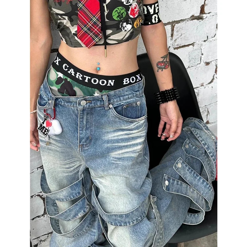 OKLULU  -  High Waisted Blue Women's Jeans Fashion Streetwear Casual Vintage Baggy Straight 2024 Hip Hop Denim Trouser Mom Wide Leg Pants