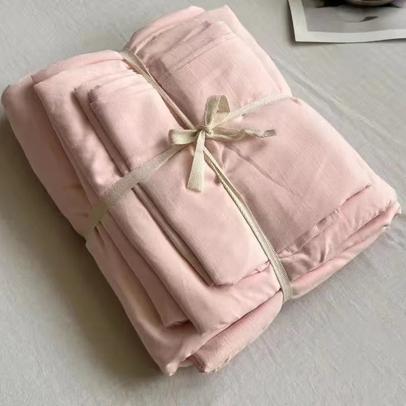 Oklulu Ins Wind New Plain Color Bed Products Four-piece Wash Cotton Naked Sleeping Solid Color Quilt Set Sheets Three-piece Bedding