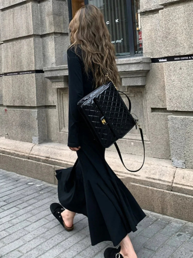 Oklulu Black Long Dress Women Vintage Fishtail Dresses Female Party Fashion Long Sleeve Dress Ladies Elegant Casual Ruffle Robe