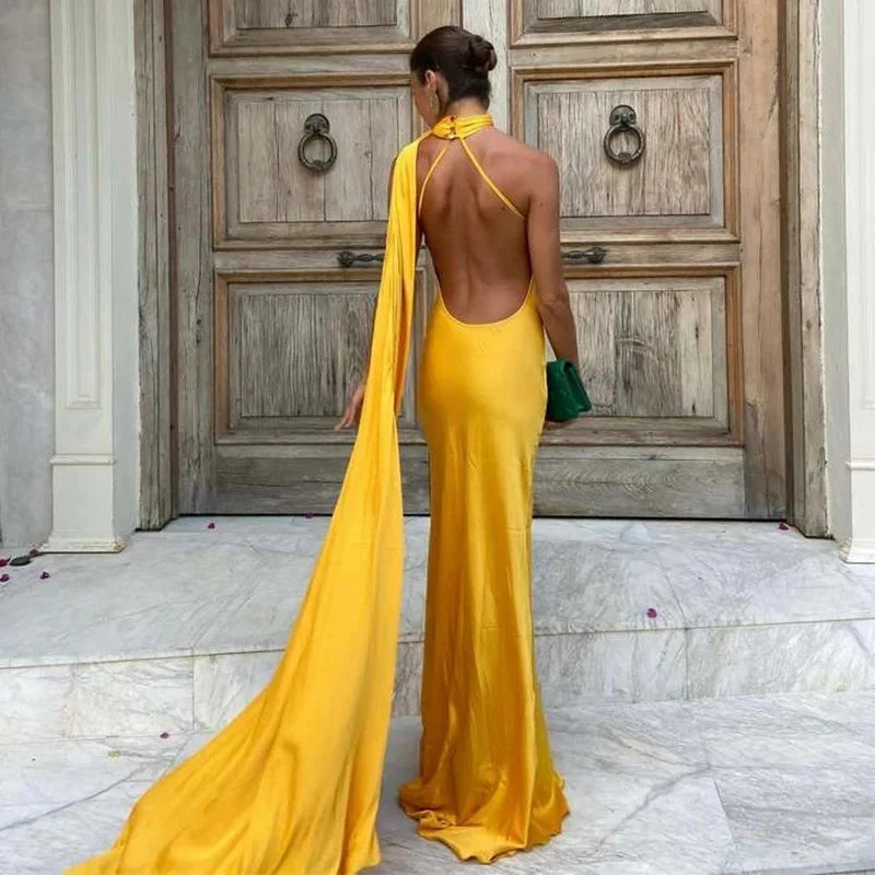 OKLULU  -  Lady Sexy Backless Solid Long Dress Elegant Halter Sleeveless Slim Evening Dress Fashion Hight Waist Patchwork Satin Party Dress