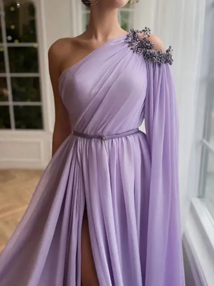 Oklulu Purple Chiffon One Shoulder Sleeve Evening Dress Luxury Lilac Floor-Length  A-Line Elegant Formal Party Dress Women Prom Gown